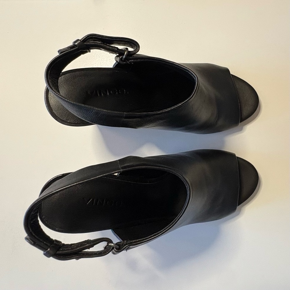 Vince Black Leather Peep-Toe Block Heel Mules Size 6 - Picture 7 of 8